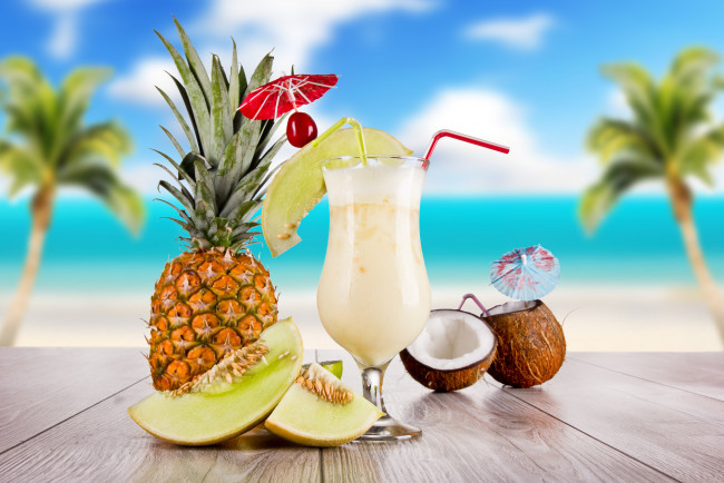 Обои картинки фото еда, напитки, коктейль, бокал, ананас, дыня, кокос