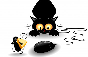 Картинка векторная+графика животные кот черный взгляд когти лапы мышка сыр