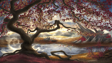 Картинка рисованные природа горы дерево листва камни река пейзаж корни