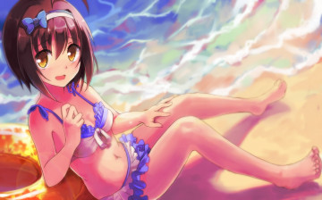Картинка аниме idolm@ster взгляд kohinata miho девушка art okemai idolmaster сидит пляж море смущение