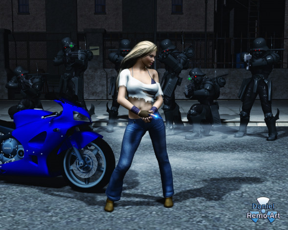 Обои картинки фото 3д графика, фантазия , fantasy, оружие, роботы, мотоцикл, взгляд, девушка
