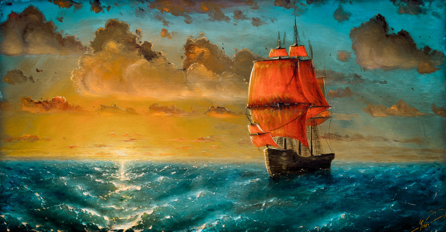 Обои картинки фото рисованное, живопись, облака, волны, закат, море, парусник, арт, корабль