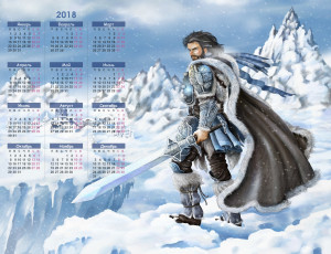 обоя календари, рисованные,  векторная графика, снег, доспехи, воин, скала, мужчина