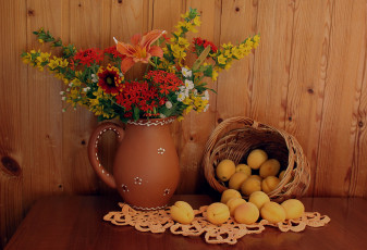 Картинка еда персики +сливы +абрикосы фрукты букет лето абрикосы цветы садовые натюрморт