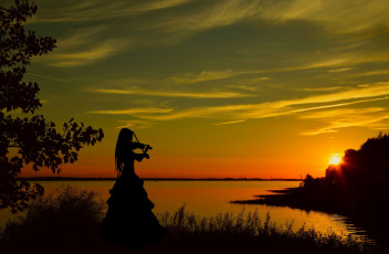 Картинка музыка -другое девушка скрипка силуэт водоем закат природа