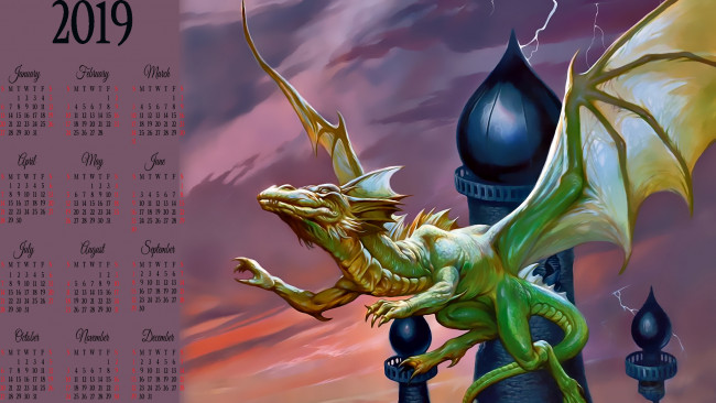 Обои картинки фото календари, фэнтези, дракон, башня, крылья, 2019, calendar, полет