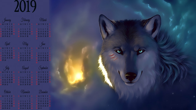 Обои картинки фото календари, рисованные,  векторная графика, calendar, 2019, хищник, волк, животное, взгляд, морда