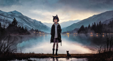 Картинка аниме животные +существа девочка ушки кот зеро огни горы