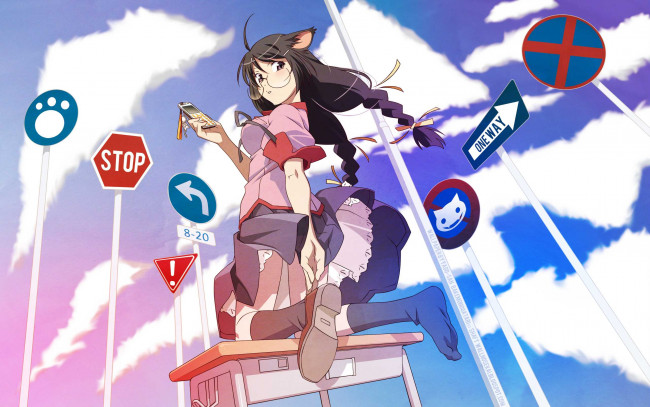 Обои картинки фото bakemonogatari, аниме, hanekawa tsubasa, девушка, форма, очки, ушки, кошка, небо, облака, дорожные знаки, стол, мобильный, телефон
