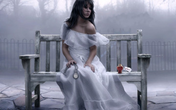 Картинка фэнтези девушки флакон надпись скамейка часы слезы белое платье