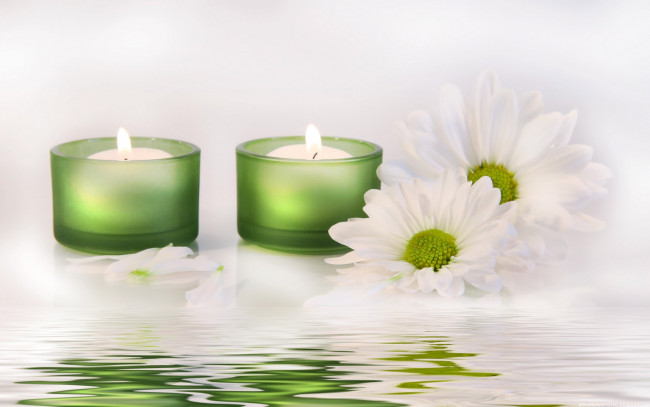 Обои картинки фото разное, свечи, relax, spa, декоративные, белый, ромашки, зелёный