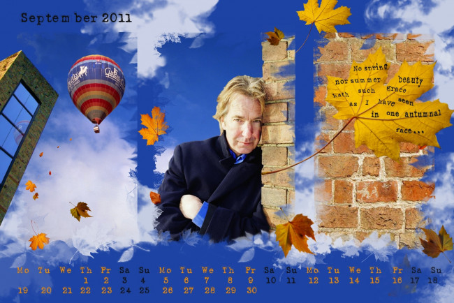 Обои картинки фото календари, знаменитости, осень, листья, стена, алан, рикман