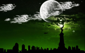 Картинка 3д графика atmosphere mood атмосфера настроения шары монумент тучи город ночь самолет луна