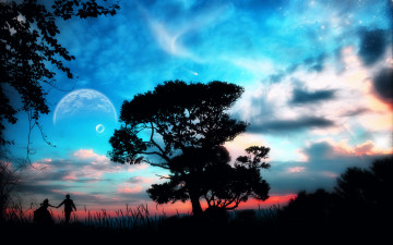 Картинка 3д графика atmosphere mood атмосфера настроения звезды планеты небо дерево трава силуэты