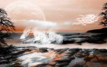 Картинка 3д графика atmosphere mood атмосфера настроения волна тучи планеты камни океан берег прибой брызги