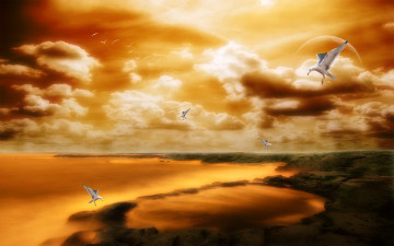 Картинка 3д графика atmosphere mood атмосфера настроения океан берег планета камни чайки свет тучи