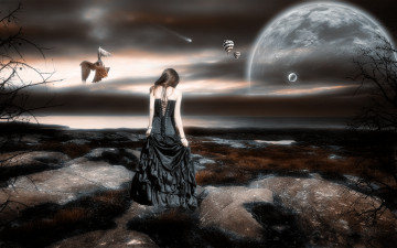 Картинка 3д графика atmosphere mood атмосфера настроения берег океан камни девшка свет тучи планеты комета птица