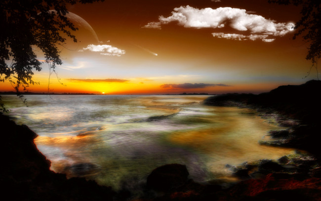 Обои картинки фото 3д, графика, atmosphere, mood, атмосфера, настроения, вечер, море, горизонт, волна, берег, планета, облака