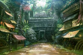 Картинка фэнтези иные+миры +иные+времена деревня джунгли божество голова храм языческий