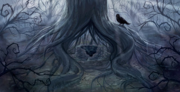 Картинка рисованные животные +птицы колодец дерево ворона