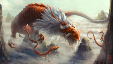 Картинка фэнтези драконы фантастика арт старый дракон борода рога взгляд скалы