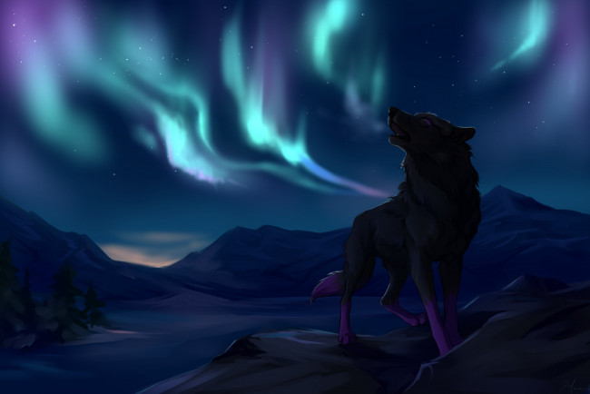 Обои картинки фото рисованные, животные,  волки, горы, северное, сиянее, волк, ночь