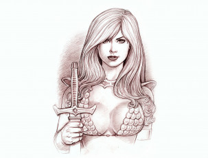 Картинка рисованное комиксы скетч взгляд меч фон девушка