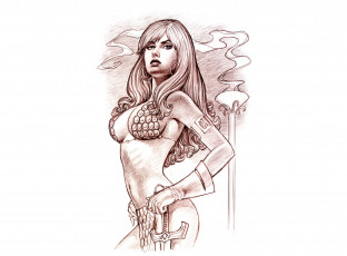 Картинка рисованное комиксы фон меч девушка взгляд скетч кольчуга