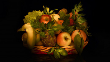 Картинка еда фрукты +ягоды апельсин натюрморт грушa банан яблоко цитрусы листья