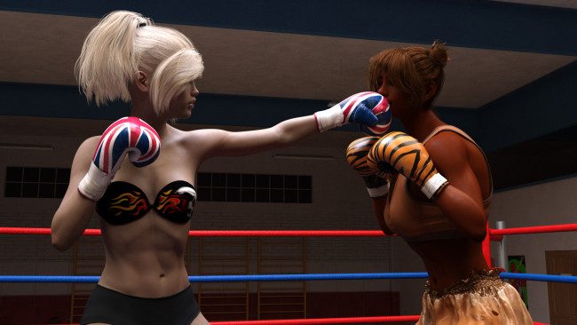 Обои картинки фото 3д графика, спорт , sport, бокс, ринг, грудь, девушки, взгляд, фон