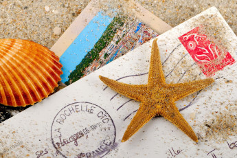 обоя разное, ракушки,  кораллы,  декоративные и spa-камни, ракушка, песок, морская, звезда, письмо, конверт, фотография, открытка
