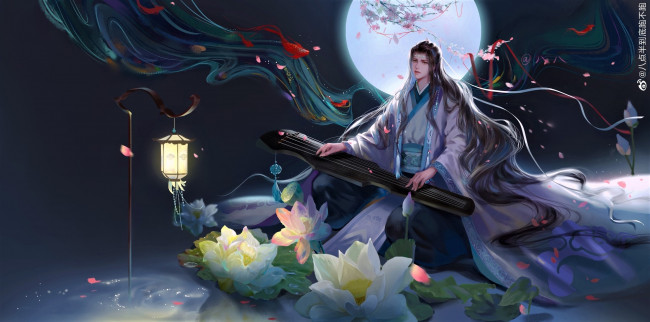 Обои картинки фото аниме, mo dao zu shi, лань, ванцзи, гуцинь, лотосы, луна, фонарь