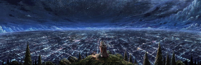 Обои картинки фото аниме, ночь, девушка, город, небо, звезды, огни, улицы, деревья, фонарь, облака, пригорок