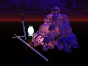 Картинка 3д графика horror ужас мечи черепа подсветка