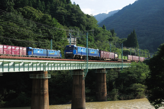 Обои картинки фото техника, поезда, вагоны, мост, горы, лес, река