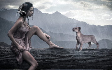 Картинка фэнтези существа рога лев девушка