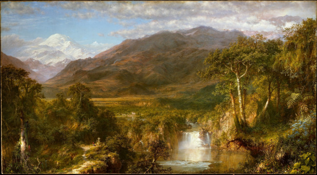 Обои картинки фото frederic, edwin, рисованные, обрыв, водопад, листва, облака, небо, вершина, снег, люди, крест, горы, деревья