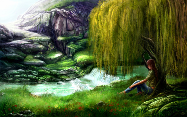Обои картинки фото рисованные, живопись, гора, цветы, трава, ива, водопад