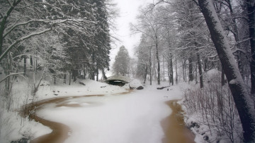 Картинка природа парк мостик река снег деревья
