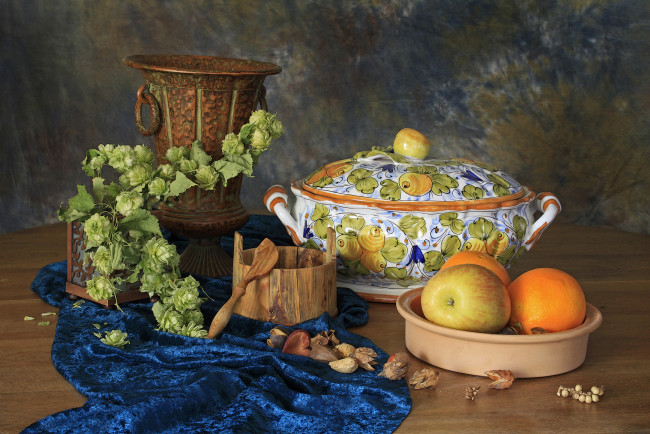 Обои картинки фото еда, натюрморт, яблоко, апельсин, хмель, посуда