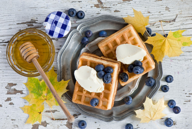 Обои картинки фото еда, мороженое,  десерты, ягоды, черника, мед, пломбир, завтрак, вафли, осень, листья