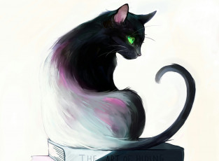 Картинка рисованное животные +коты книги зеленые сидит глаза кот