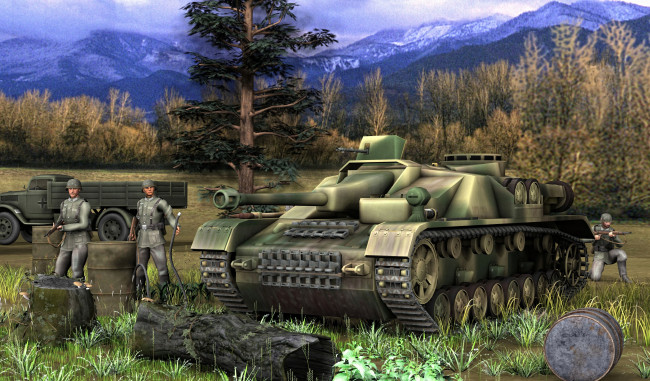 Обои картинки фото рисованное, армия, солдаты, автомобиль, танк