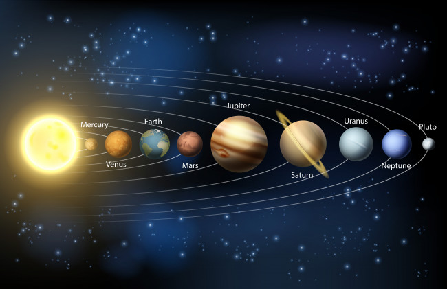 Обои картинки фото космос, арт, солнце, планеты, солнечная, система, звезды