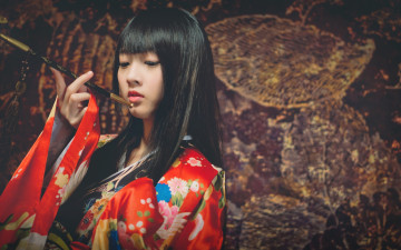 Картинка девушки -unsort+ азиатки кисеру азиатка девушка стиль японка кимоно курительная трубка