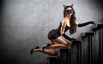 Картинка девушки -unsort+ брюнетки +шатенки в черном платье маска женщина-кошка брюнетка девушка перчатки туфли лестница фигура поза ступеньки catwoman