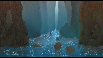 Картинка рисованное природа камни водоем течение скала