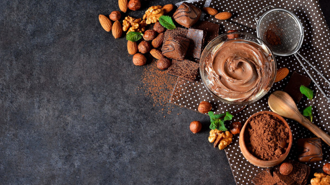 Обои картинки фото еда, конфеты,  шоколад,  сладости, какао, крем, шоколадный, орехи