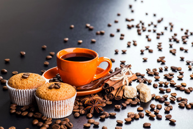 Обои картинки фото еда, кофе,  кофейные зёрна, кексы, зерна, корица, сахар