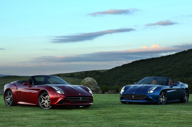 Обои картинки фото автомобили, ferrari, феррари, бордовый, синий, лужайка, склон